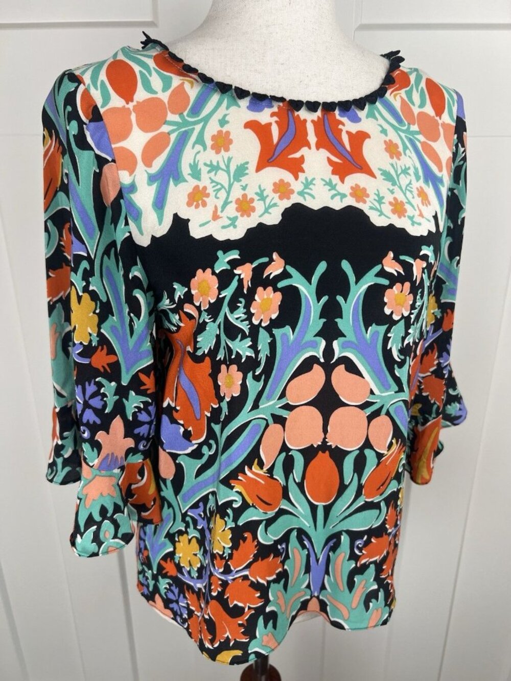Maeve Anthropologie Silk Blouse Size 2 Floral Boho Top 3/4 Sleeve Keyhole Back - Picture 8 of 11
